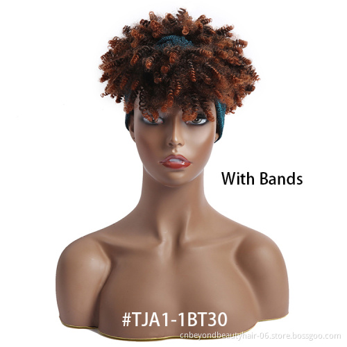 afro Women Wigs Synthetic Culry Head Wig Wrap  Linked Short Drawsrting Headband Wigs